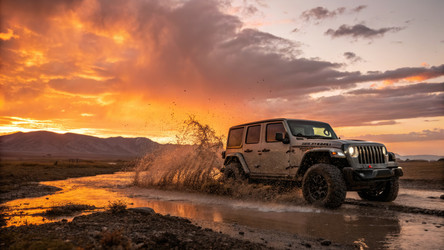 Jeep Wrangler проезжает по мутной воде на закате. Генеративный ИИ - RomanZ
