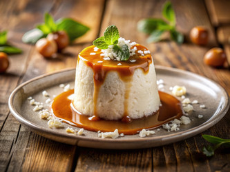 Вкусный белый пудинг, политый кокосовым соусом. Генеративный искусственный интеллект - RomanZ