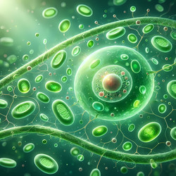 Микроскопическое изображение клеточной стенки растения с хлоропластами и ядром в мельчайших деталях, созданное с помощью искусственного интеллекта - yuyu