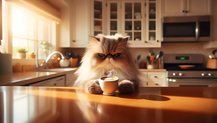 A cat with a grumpy, human‑like expression, holding a tiny coffee cup, sitting on a kitchen counter, Ai generated image - yuyu