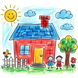A funny scene drawn with shaky, child‑like lines, featuring a house with a wobbly chimney and a crooked door, Ai generated image - yuyu