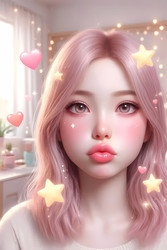 A close‑up of a girl pouting with an animated filter of floating hearts and stars, in a brightly lit room, Ai generated image - yuyu