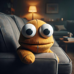 A creepy yet funny close‑up of a sock puppet with giant googly eyes peeking from behind a sofa, Ai generated image - yuyu