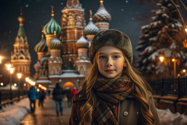 Портрет маленькой девочки в теплой куртке и шапке, идущей по зимним улицам города, крупный план ее лица. Зимний сезон - PhotoJuli