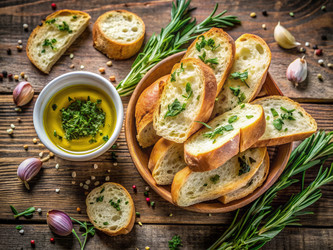 Вкусный нарезанный багет с травами и маслом, приготовленный к подаче. Генеративный искусственный интеллект - RomanZ