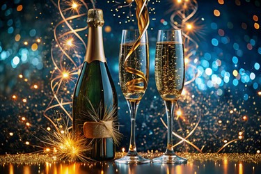 С Новым 2025 годом! Баннер к Рождеству и Новому году. Два бокала и бутылка шампанского, украшенные сверкающими огнями и гирляндами - PhotoJuli