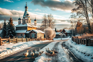 Зимний пейзаж. Небольшая уютная церковь в деревне. Деревья в снегу. Атмосфера покоя и гармонии с природой - PhotoJuli