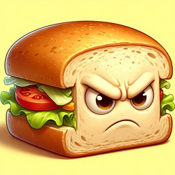 A close‑up of a sandwich with an angry scowl on its face, isolated on a bright background, Ai generated image - yuyu
