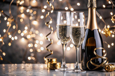 С Новым 2025 годом! Баннер к Рождеству и Новому году. Два бокала и бутылка шампанского, украшенные сверкающими огнями и гирляндами - PhotoJuli