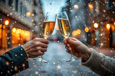 Поздравляем с Новым 2025 годом! Баннер. Мужчина и женщина вместе празднуют Рождество или Новый год с шампанским в руках. Крупный план бокалов - PhotoJuli
