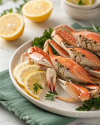 Свежее крабовое мясо, выставленное на стол с дольками лимона и зеленью. Генеративный искусственный интеллект - RomanZ