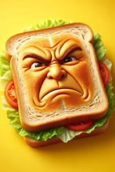A close‑up of a sandwich with an angry scowl on its face, isolated on a bright background, Ai generated image - yuyu