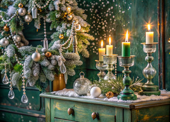 Рождественская елка и свечи в ретро-подсвечниках на винтажном комоде на зеленом фоне. Рождественские хрустальные украшения в интерьере. Подготовка к новогодним праздникам 2025 года - PhotoJuli