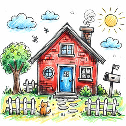 A funny scene drawn with shaky, child‑like lines, featuring a house with a wobbly chimney and a crooked door, Ai generated image - yuyu