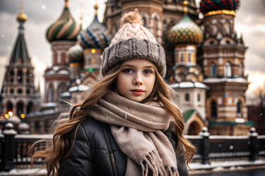 Портрет маленькой девочки в теплой куртке и шапке, идущей по зимним улицам города, крупный план ее лица. Зимний сезон - PhotoJuli