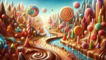 A surreal drawing of chocolate rivers and candy‑cane architecture, with tiny figures exploring, in a bright fantasy land, Ai generated image - yuyu