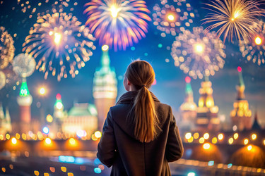Девочка смотрит на фейерверк в ночном небе над Москвой. С Днем города! Праздничный фейерверк - PhotoJuli