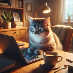 Сцена работы из дома: кот сидит за ноутбуком, печатает, смотрит на экран серьезным взглядом и сосредоточенно смотрит на объект. Изображение создано искусственным интеллектом - yuyu