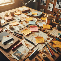 A scrapbook‑style image of a messy desk with sticky notes, coffee stains, and scattered pens, in a creative studio, Ai generated image - yuyu