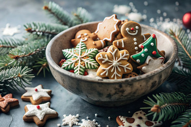 Домашние имбирные рождественские печенья в сахарной пудре. Вкусные имбирные печенья на фоне размытого фона из гирлянд рождественской елки. Свежеиспеченные рождественские имбирные печенья - PhotoJuli