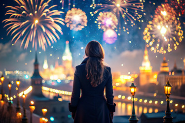 Девочка смотрит на фейерверк в ночном небе над Москвой. С Днем города! Праздничный фейерверк - PhotoJuli