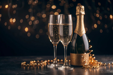 С Новым 2025 годом! Баннер к Рождеству и Новому году. Два бокала и бутылка шампанского, украшенные сверкающими огнями и гирляндами - PhotoJuli