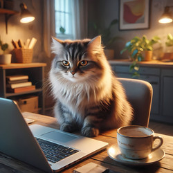 Изображение, созданное искусственным интеллектом, изображает кошку, работающую из дома, сидящую за ноутбуком и печатающую с серьезным взглядом и сосредоточенным выражением лица - yuyu