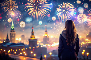 Девочка смотрит на фейерверк в ночном небе над Москвой. С Днем города! Праздничный фейерверк - PhotoJuli