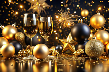 С Новым 2025 годом! Рождественский и новогодний баннер из золотых и черных стеклянных шаров в виде рождественской елки, с бокалами для шампанского и местом для текста - PhotoJuli