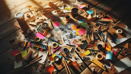 A scrapbook‑style image of a messy desk with sticky notes, coffee stains, and scattered pens, in a creative studio, Ai generated image - yuyu