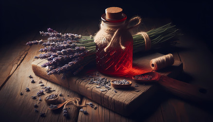 Флакон из темно-янтарного стекла с резиновой пипеткой и грубой рукописной этикеткой, стоящий на изношенной мраморной поверхности. Изображение, созданное с помощью искусственного интеллекта - yuyu