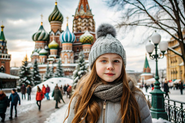 Портрет маленькой девочки в теплой куртке и шапке, идущей по зимним улицам города, крупный план ее лица. Зимний сезон - PhotoJuli