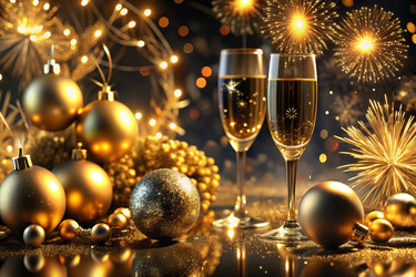 С Новым 2025 годом! Рождественский и новогодний баннер из золотых и черных стеклянных шаров в виде рождественской елки, с бокалами для шампанского и местом для текста - PhotoJuli