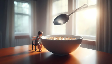 Изображение, созданное искусственным интеллектом: крошечный человечек пытается съесть миску хлопьев огромной ложкой, сидя за обеденным столом и выглядя растерянным - yuyu