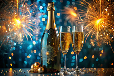 С Новым 2025 годом! Баннер к Рождеству и Новому году. Два бокала и бутылка шампанского, украшенные сверкающими огнями и гирляндами - PhotoJuli