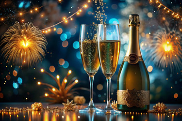 С Новым 2025 годом! Баннер к Рождеству и Новому году. Два бокала и бутылка шампанского, украшенные сверкающими огнями и гирляндами - PhotoJuli