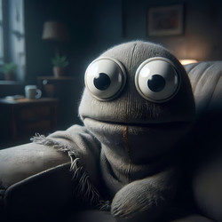 A creepy yet funny close‑up of a sock puppet with giant googly eyes peeking from behind a sofa, Ai generated image - yuyu
