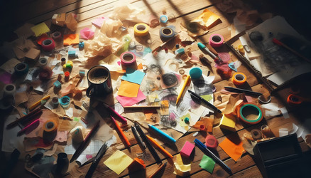 A scrapbook‑style image of a messy desk with sticky notes, coffee stains, and scattered pens, in a creative studio, Ai generated image - yuyu
