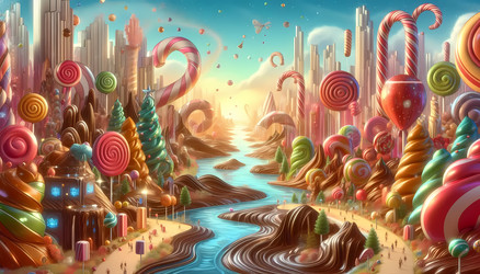 A surreal drawing of chocolate rivers and candy‑cane architecture, with tiny figures exploring, in a bright fantasy land, Ai generated image - yuyu