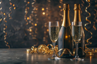 С Новым 2025 годом! Баннер к Рождеству и Новому году. Два бокала и бутылка шампанского, украшенные сверкающими огнями и гирляндами - PhotoJuli
