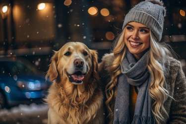 С Новым годом и Рождеством! Домашние животные. Женщина обнимает собаку породы ретривер. Осознанная жизнь с домашними животными, концепция любви к животным - PhotoJuli