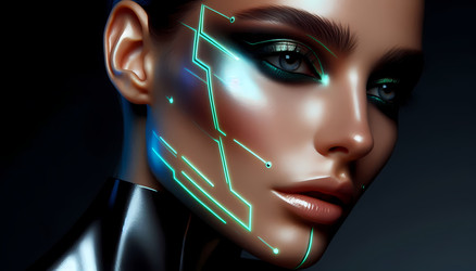 Экспериментальный макияж с неоново-зелеными геометрическими линиями и хромированными точками, изображение, сгенерированное искусственным интеллектом - yuyu
