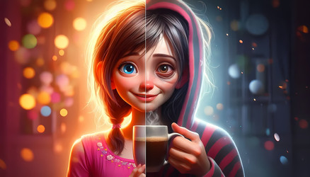 A split scene showing a cute teen on one side and a sleep‑deprived adult on the other, holding coffee, Ai generated image - yuyu