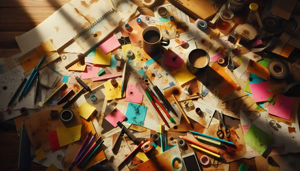 A scrapbook‑style image of a messy desk with sticky notes, coffee stains, and scattered pens, in a creative studio, Ai generated image - yuyu