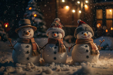 Зима. С Новым годом и Рождеством! Забавные снеговики на размытом фоне, созданные из красивых разноцветных огоньков. Новогодняя праздничная атмосфера - PhotoJuli