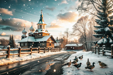 Зимний пейзаж. Небольшая уютная церковь в деревне. Деревья в снегу. Атмосфера покоя и гармонии с природой - PhotoJuli