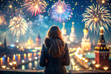 Девочка смотрит на фейерверк в ночном небе над Москвой. С Днем города! Праздничный фейерверк - PhotoJuli