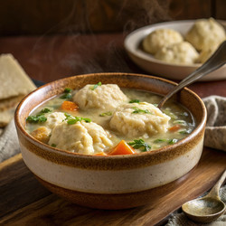 Веганская курица с клецками в дымящейся миске. Генеративный ИИ - RomanZ
