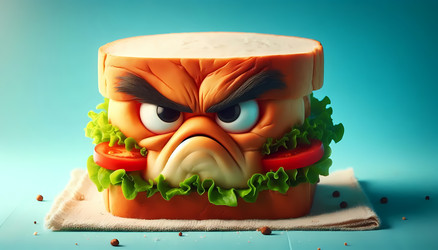 A close‑up of a sandwich with an angry scowl on its face, isolated on a bright background, Ai generated image - yuyu