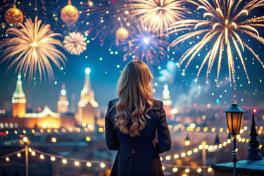 Девочка смотрит на фейерверк в ночном небе над Москвой. С Днем города! Праздничный фейерверк - PhotoJuli